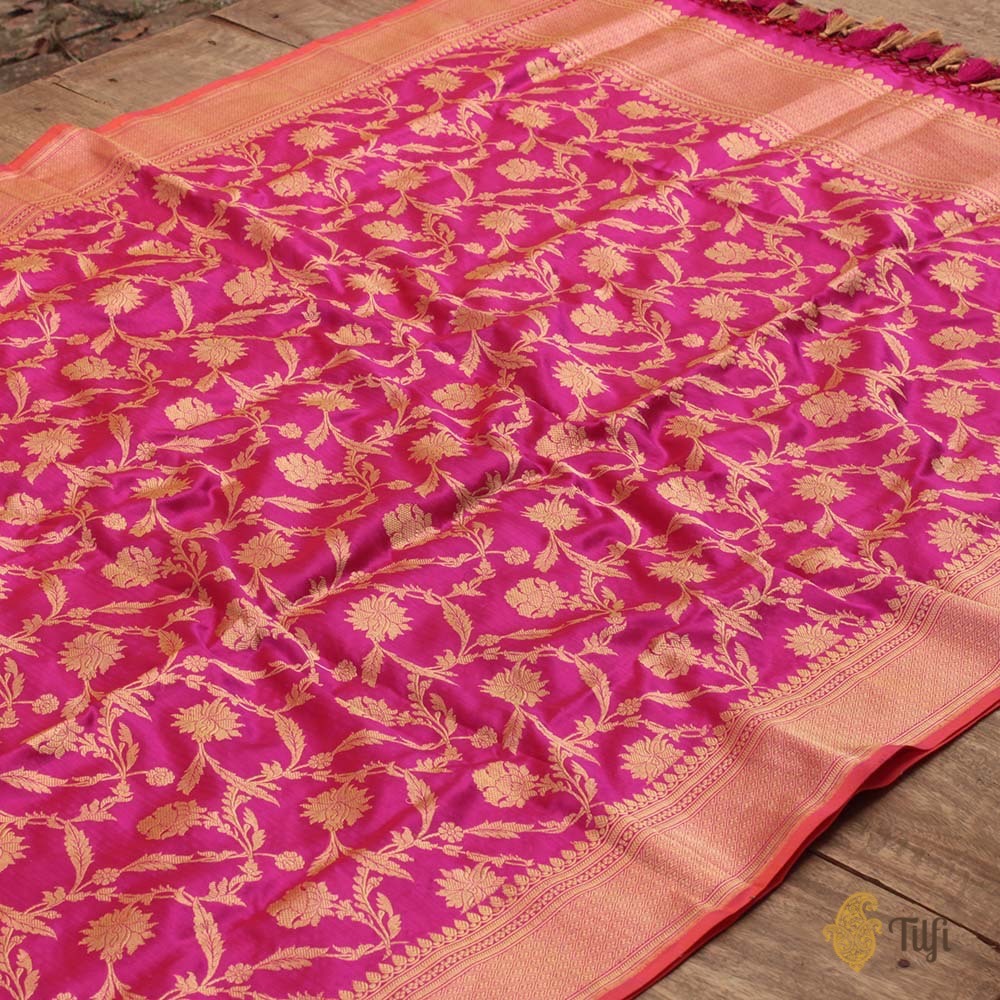 Red-Indian Pink Pure Katan Silk Banarasi Handloom Kadwa Jangla Dupatta