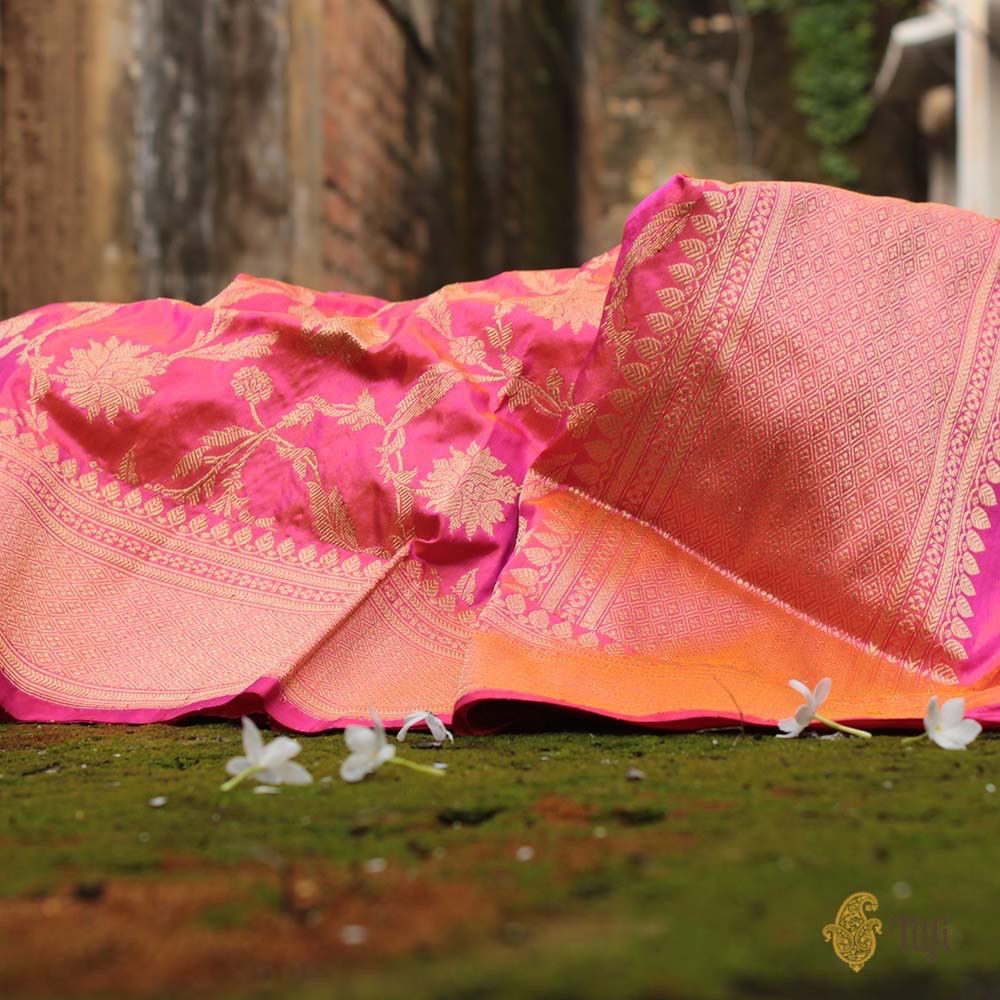 Orange-Gulabi Pink Pure Katan Silk Banarasi Handloom Kadwa Jangla Dupatta