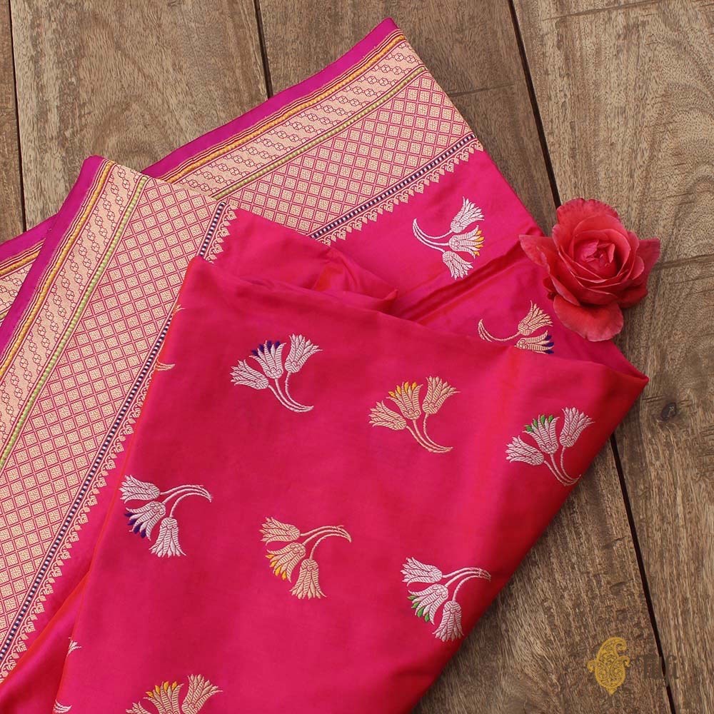 Orange-Rani Pink Pure Katan Silk Banarasi Handloom Dupatta
