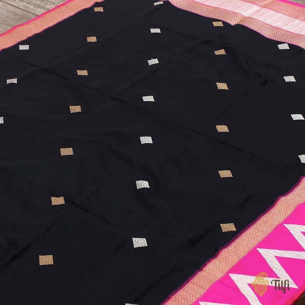 Black-Pink Pure Katan Silk Banarasi Handloom Dupatta