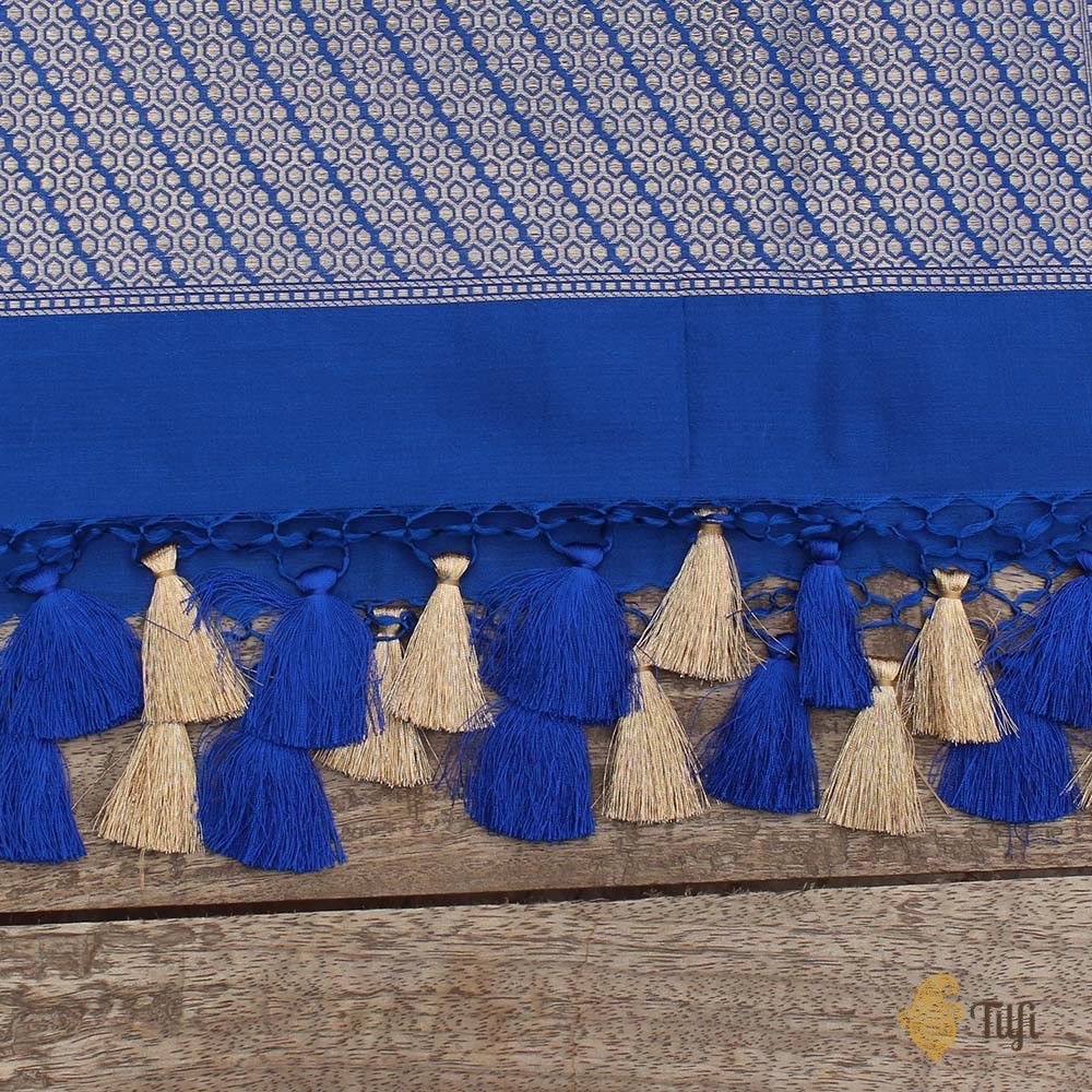 Cobalt Blue Pure Silk Georgette Banarasi Handloom Dupatta
