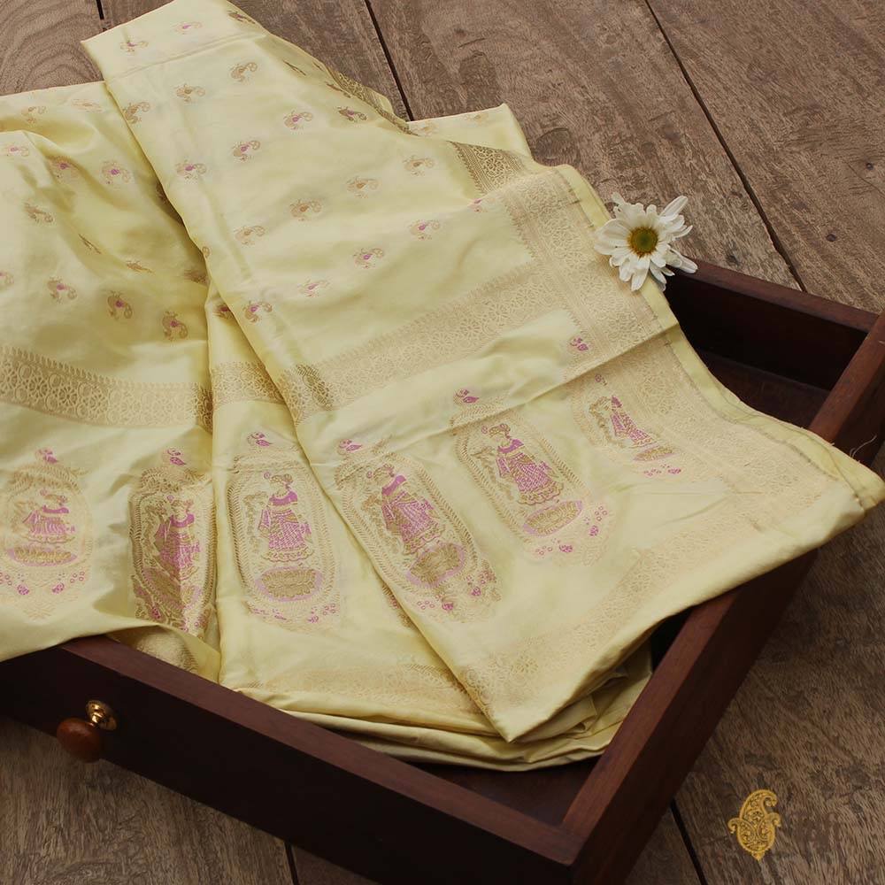 Light Yellow Pure Katan Silk Banarasi Handwoven Dupatta
