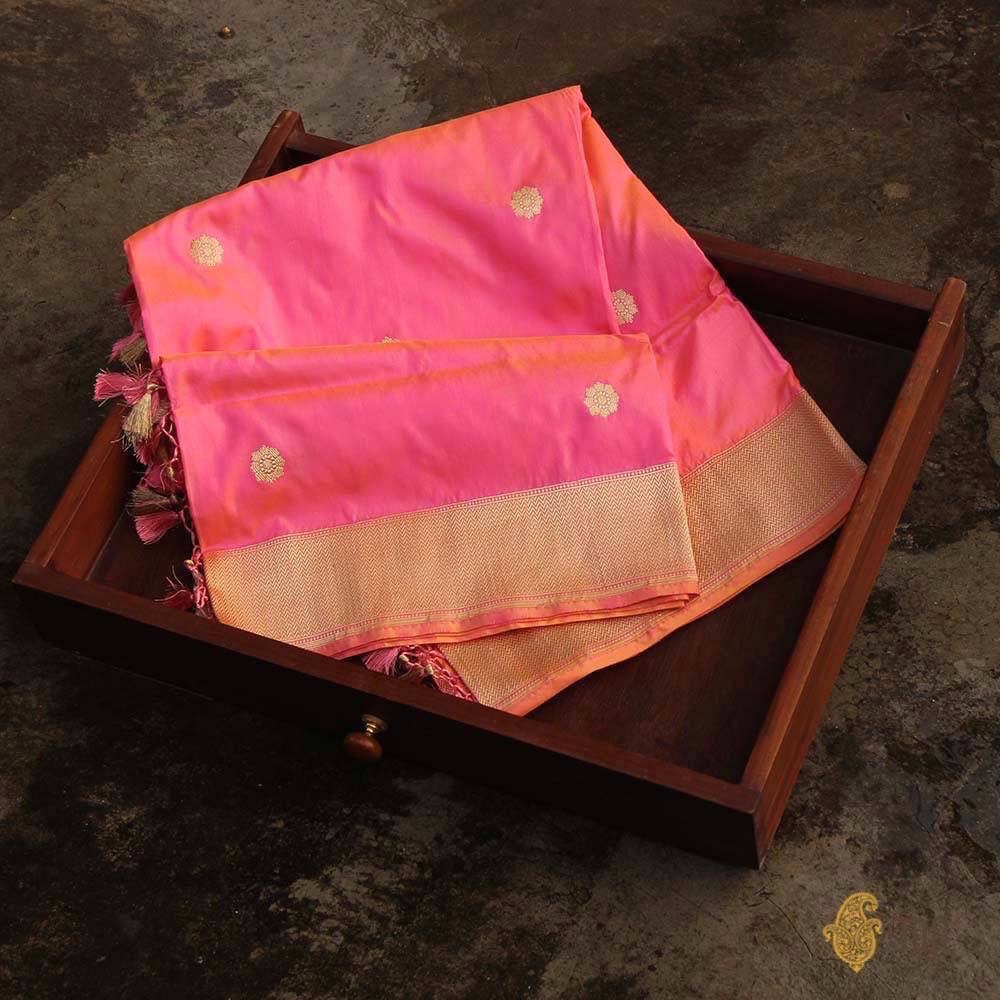 Yellow-Gulabi Pink Pure Katan Silk Banarasi Handloom Dupatta