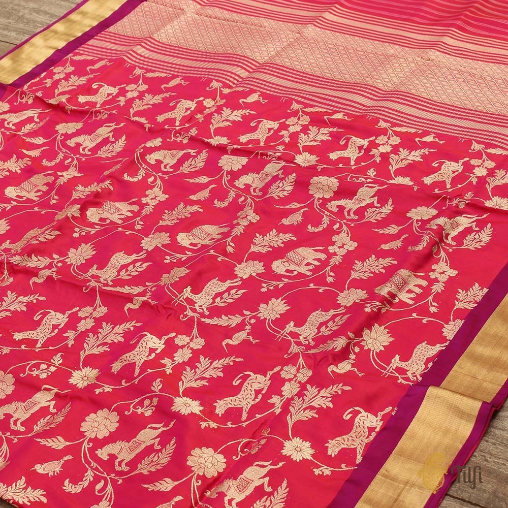 Rani Pink-Red Pure Katan Silk Banarasi Handloom Dupatta