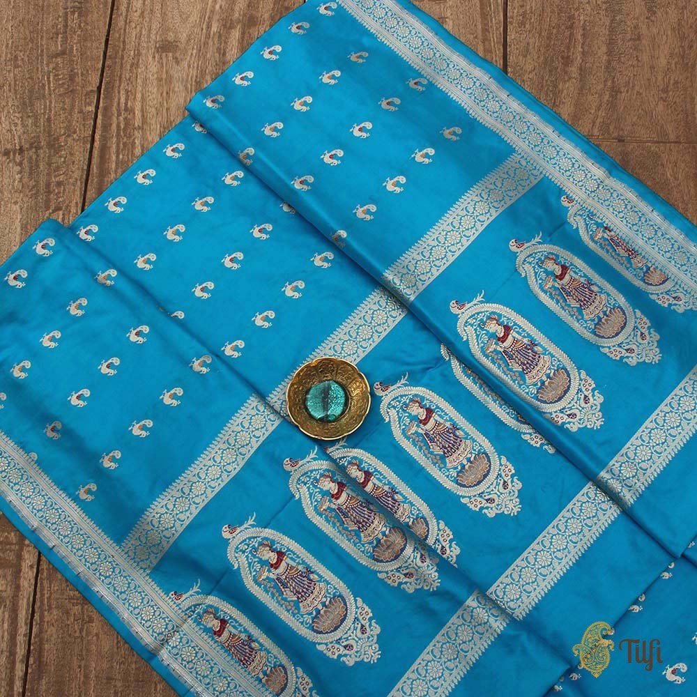 Deep Azure Blue Pure Katan Silk Banarasi Handwoven Dupatta