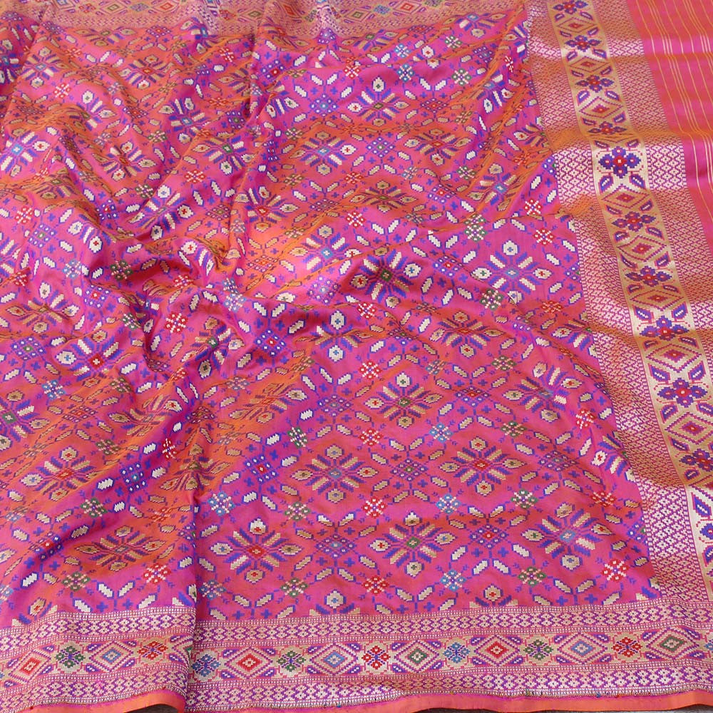 Orange-Rani Pink Pure Katan Silk Banarasi Handloom Patola Dupatta