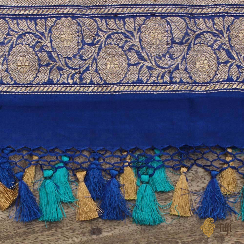 Royal Blue-Teal Green Pure Silk Georgette Banarasi Handloom Dupatta