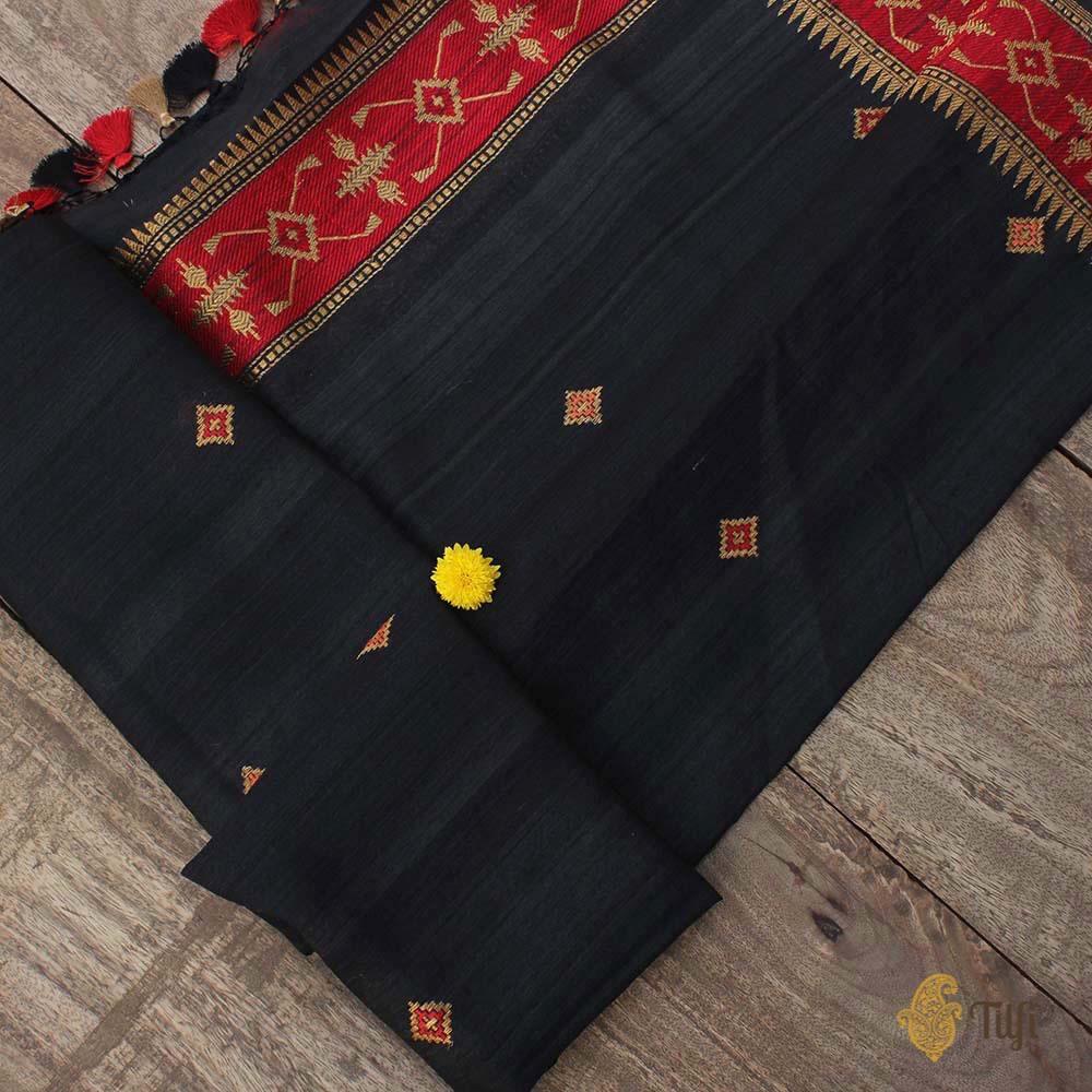 Black Pure Tussar Silk Banarasi Handloom Dupatta