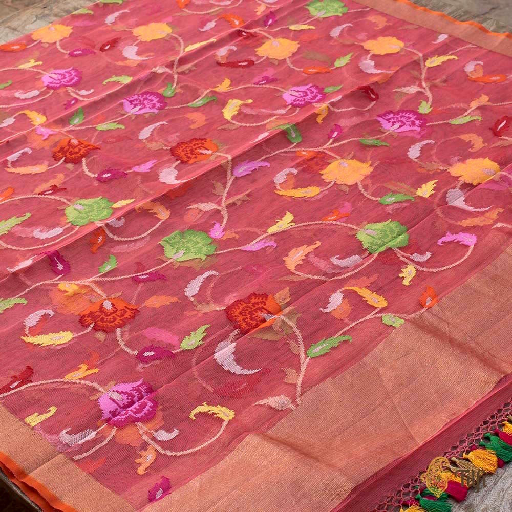 Strawberry Pink Pure Kora Silk Net Banarasi Handloom Dupatta