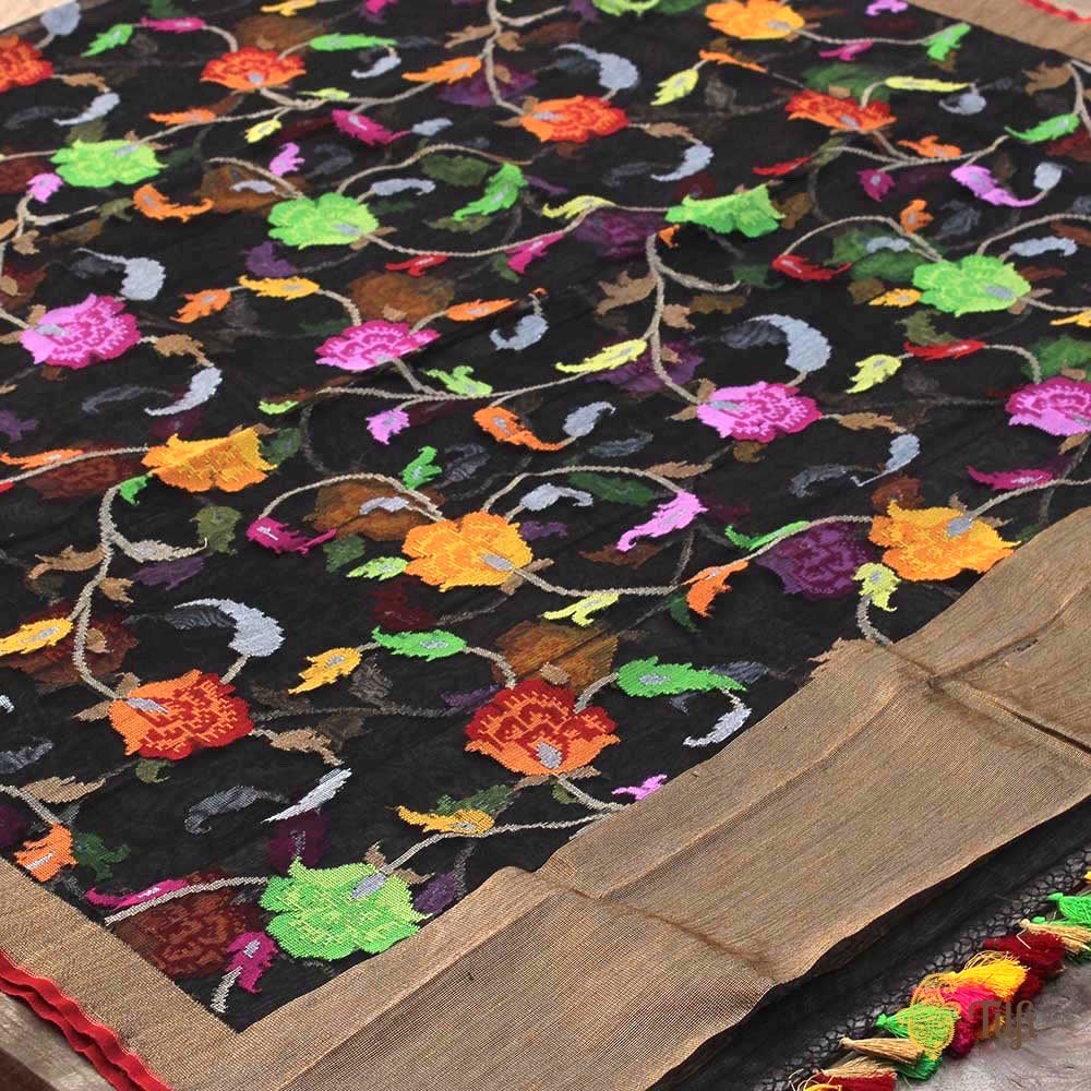 Black Pure Kora Silk Net Banarasi Handloom Dupatta