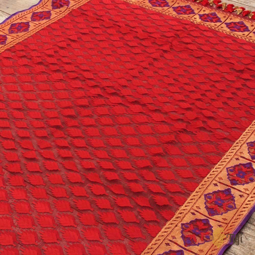 Red Pure Kora Net Banarasi Handloom Dupatta