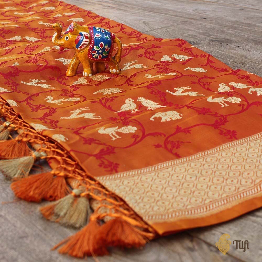 Red-Orange Pure Katan Silk Banarasi Handloom Dupatta