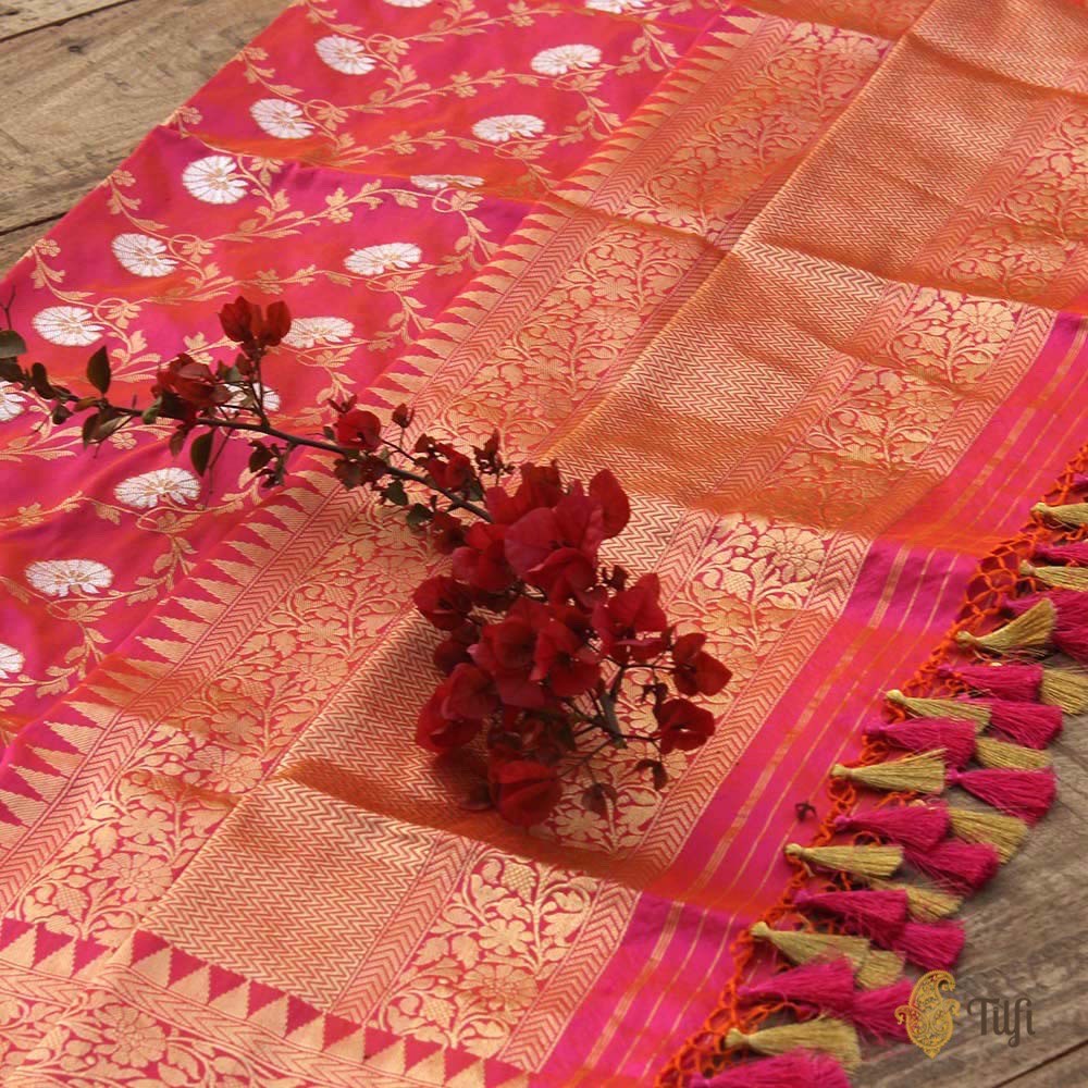 Dark Orange-Rani Pink Pure Katan Silk Banarasi Handloom Dupatta