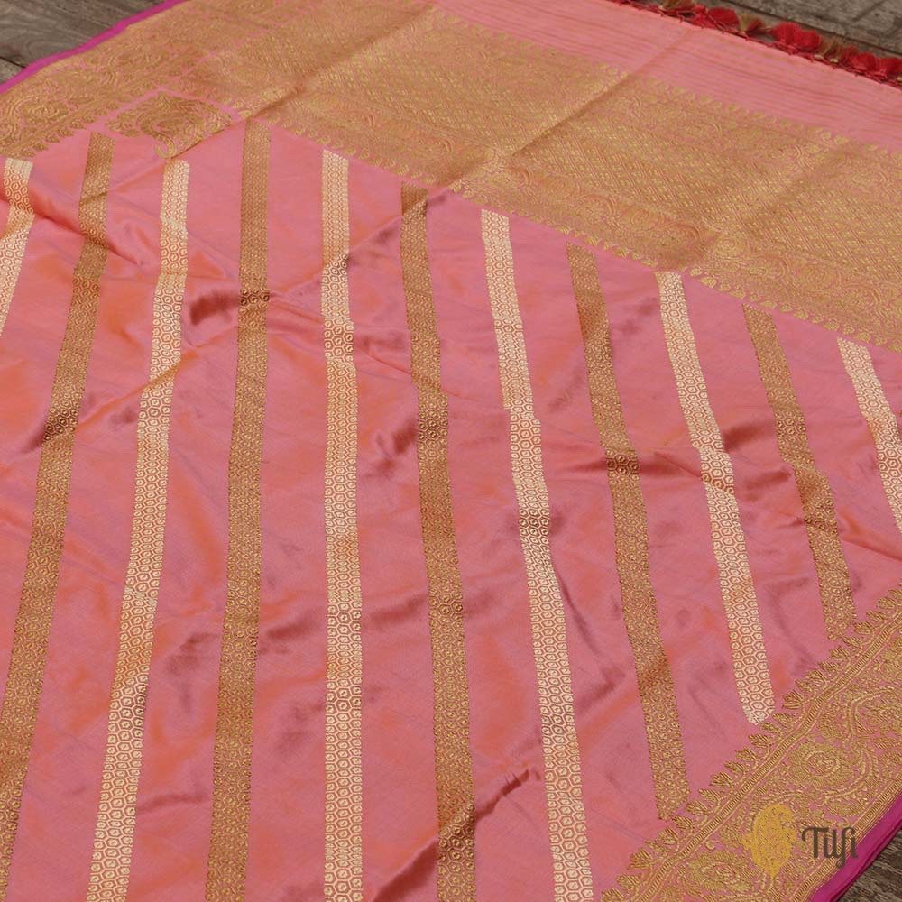 Yellow-Gulabi Pink Pure Katan Silk Aadha Jaal Banarasi Handloom Dupatta