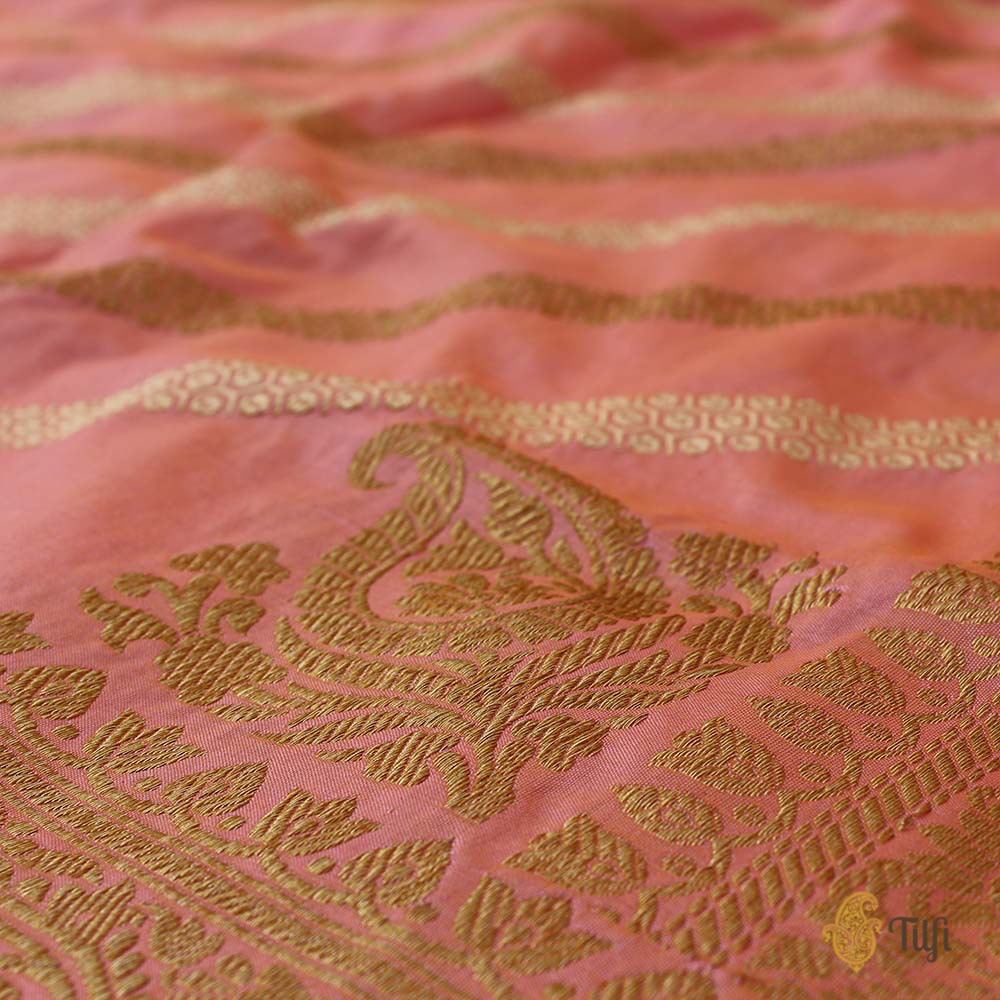 Yellow-Gulabi Pink Pure Katan Silk Aadha Jaal Banarasi Handloom Dupatta