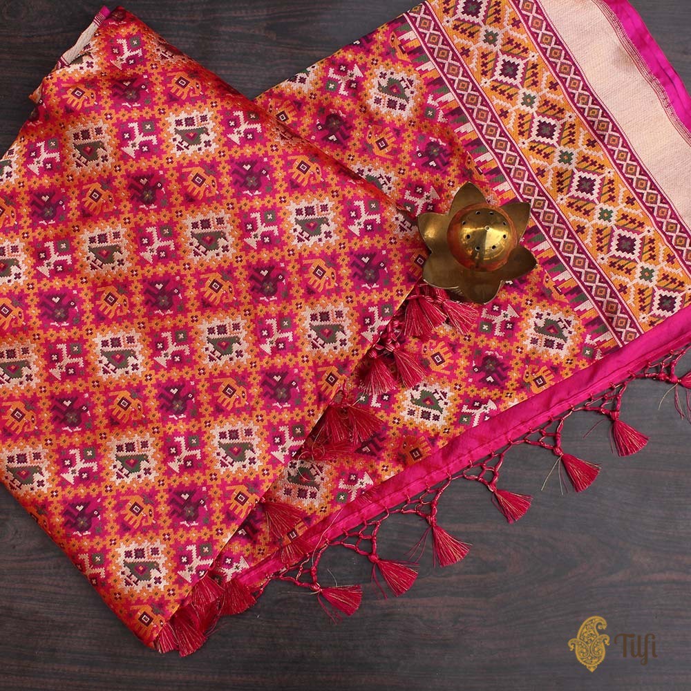 Red-Gulabi Pink Pure Katan Silk Banarasi Handloom Patola Dupatta