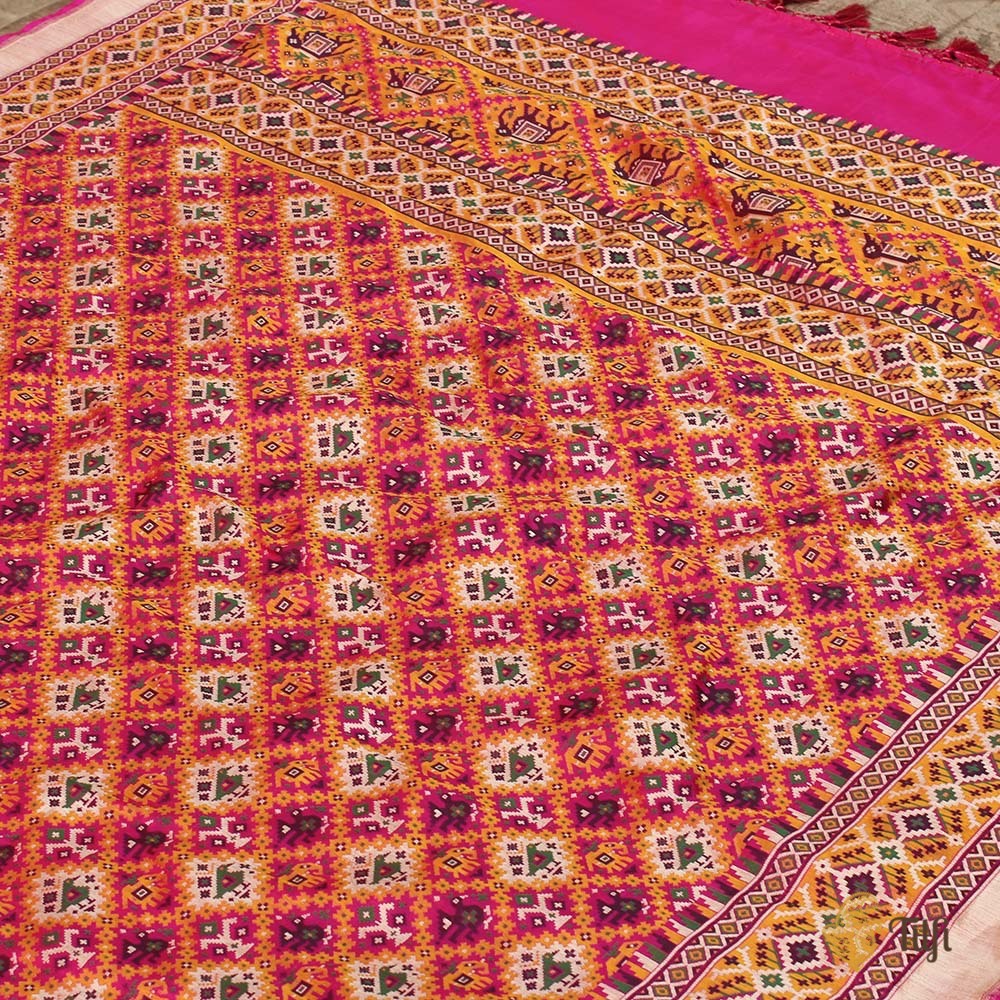 Red-Gulabi Pink Pure Katan Silk Banarasi Handloom Patola Dupatta