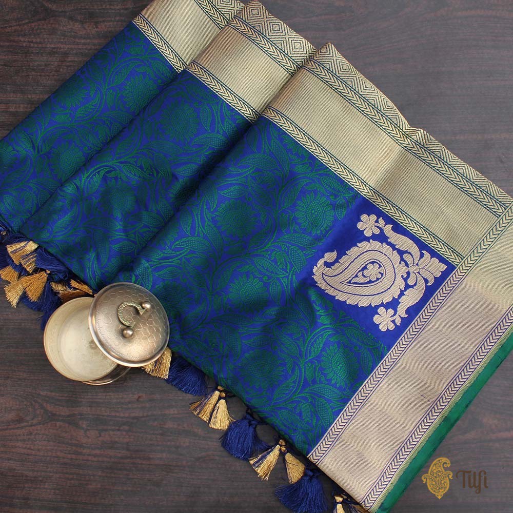 Royal Blue-Rama Green Pure Katan Silk Banarasi Handloom Dupatta