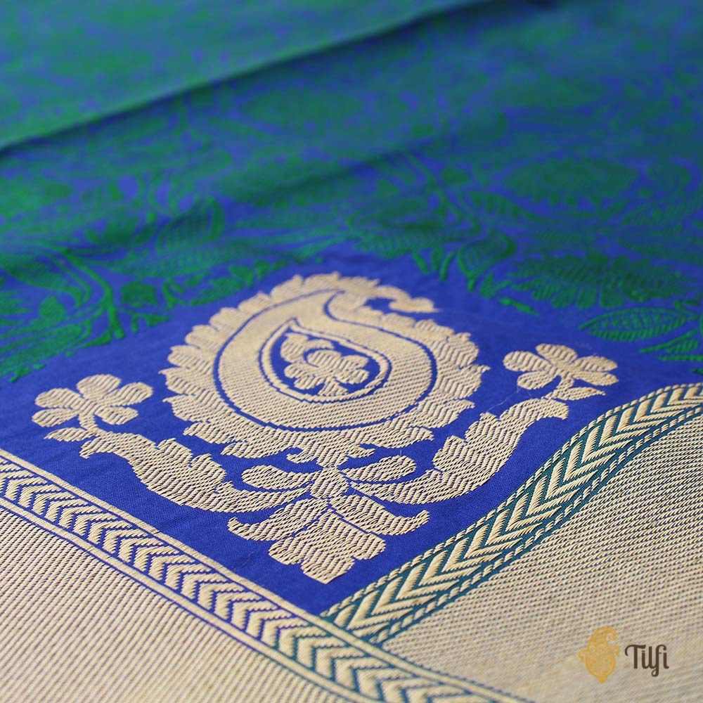 Royal Blue-Rama Green Pure Katan Silk Banarasi Handloom Dupatta