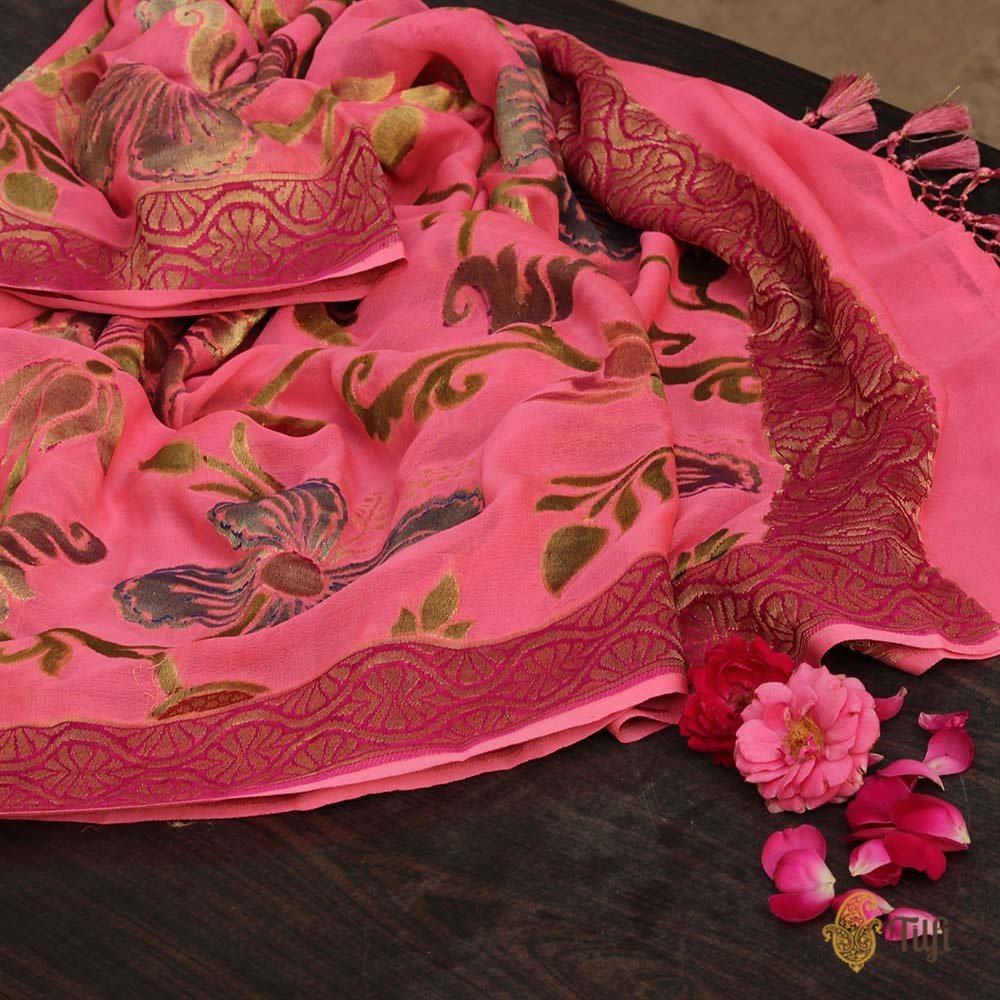 Light Pink Pure Chiffon Georgette Banarasi Handloom Dupatta