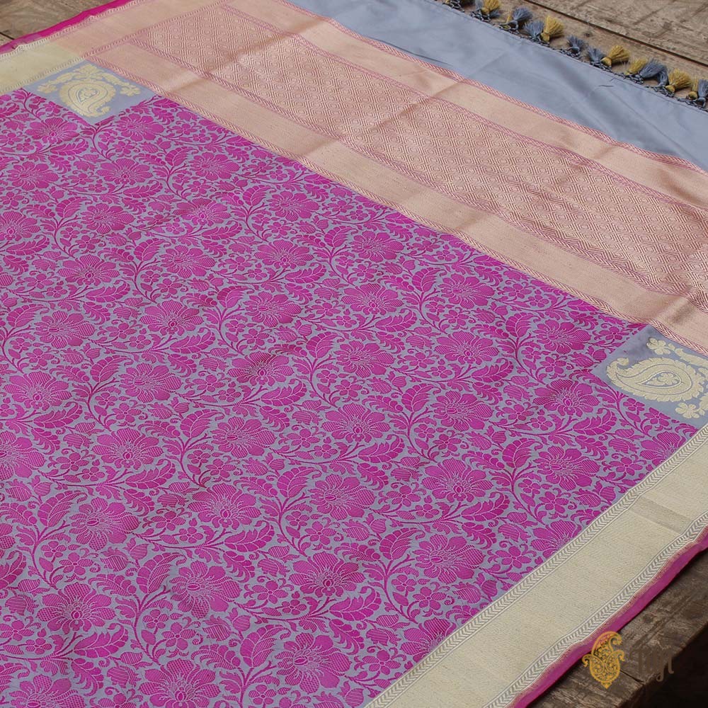 Grey-Gajri Pink Pure Katan Silk Banarasi Handloom Dupatta