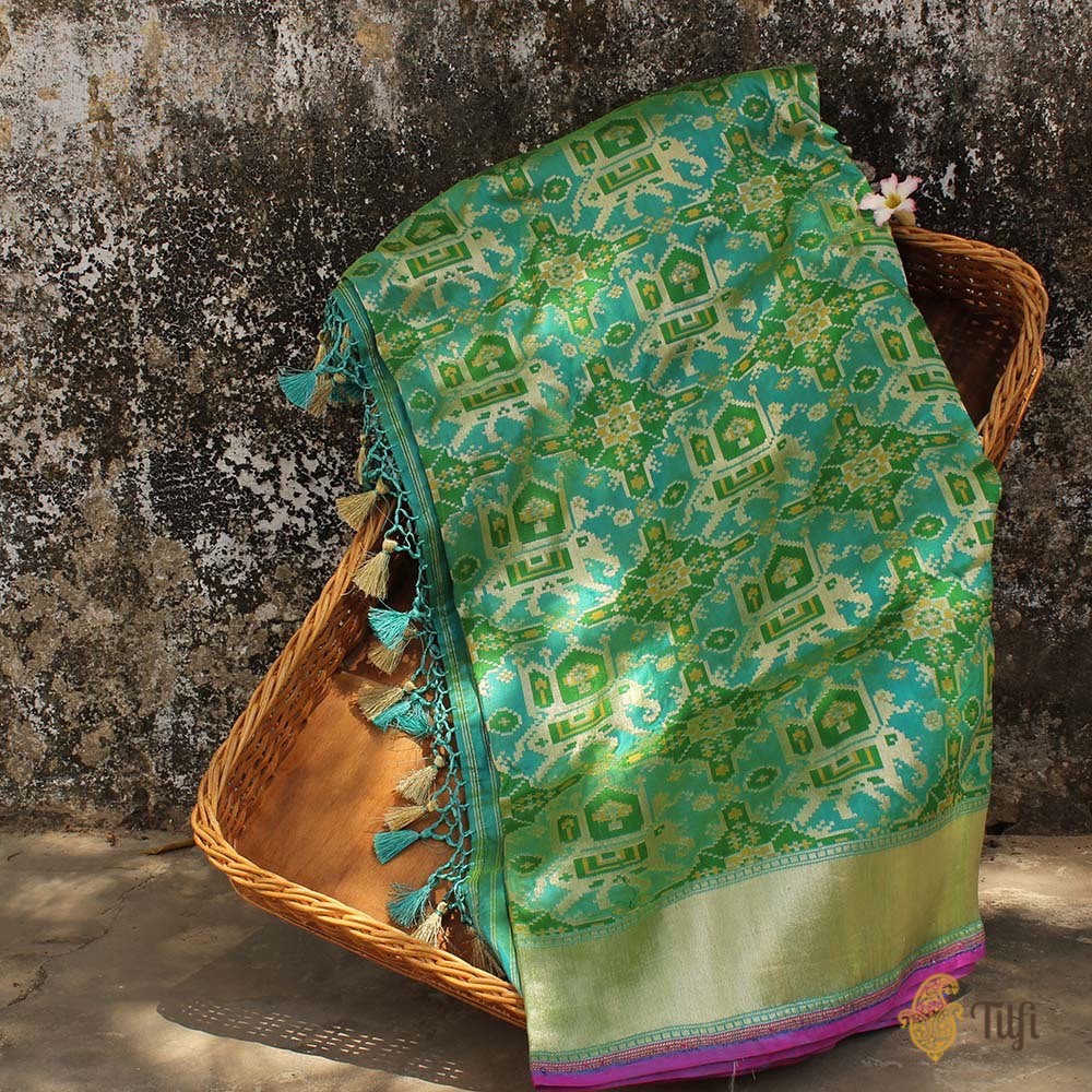 Sea Green-Blue Pure Katan Silk Banarasi Handloom Patola Dupatta