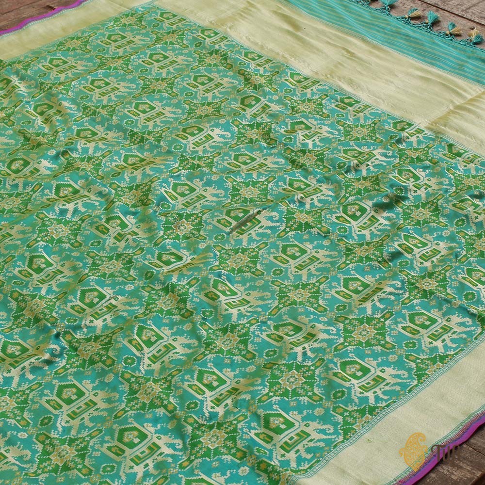Sea Green-Blue Pure Katan Silk Banarasi Handloom Patola Dupatta