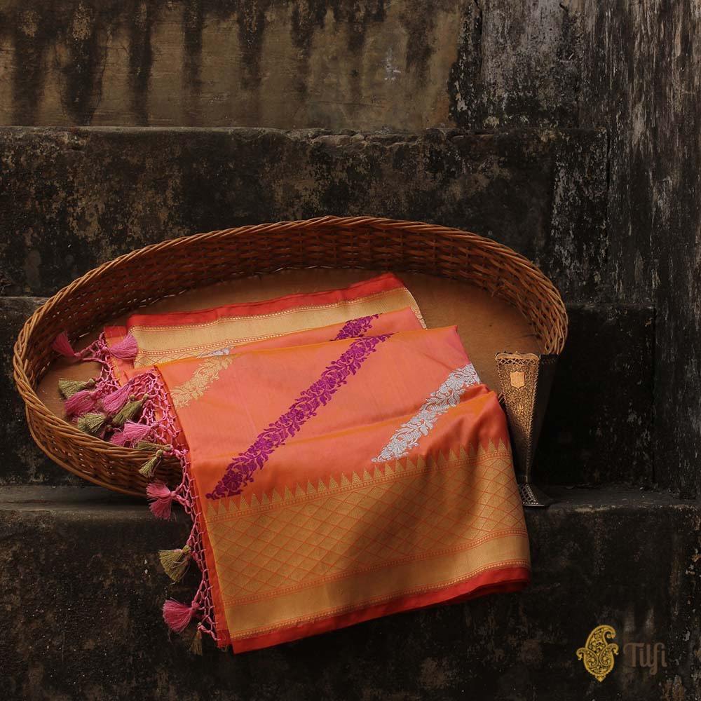 Yellow-Gulabi Pink Pure Katan Silk Banarasi Handwoven Dupatta