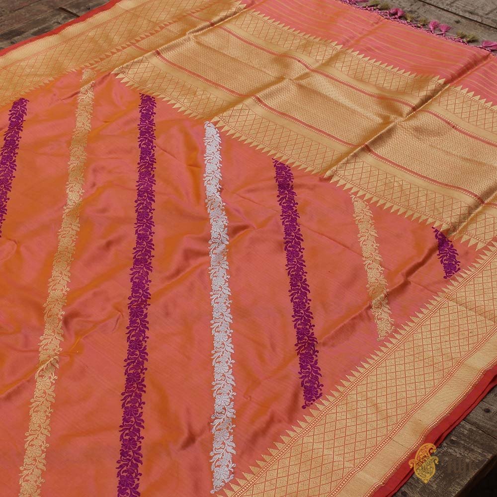 Yellow-Gulabi Pink Pure Katan Silk Banarasi Handwoven Dupatta