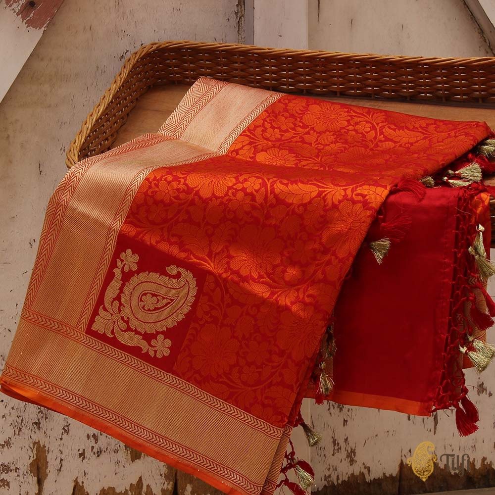 Red-Orange Pure Katan Silk Banarasi Handloom Dupatta