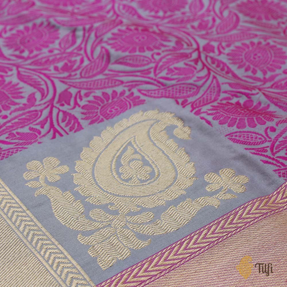 Grey-Gajri Pink Pure Katan Silk Banarasi Handloom Dupatta