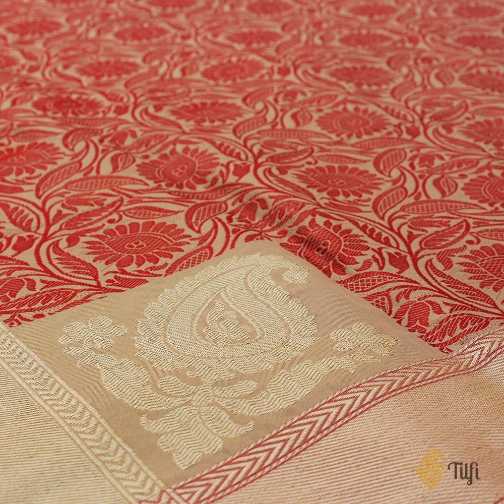 Beige-Red Pure Katan Silk Banarasi Handloom Dupatta