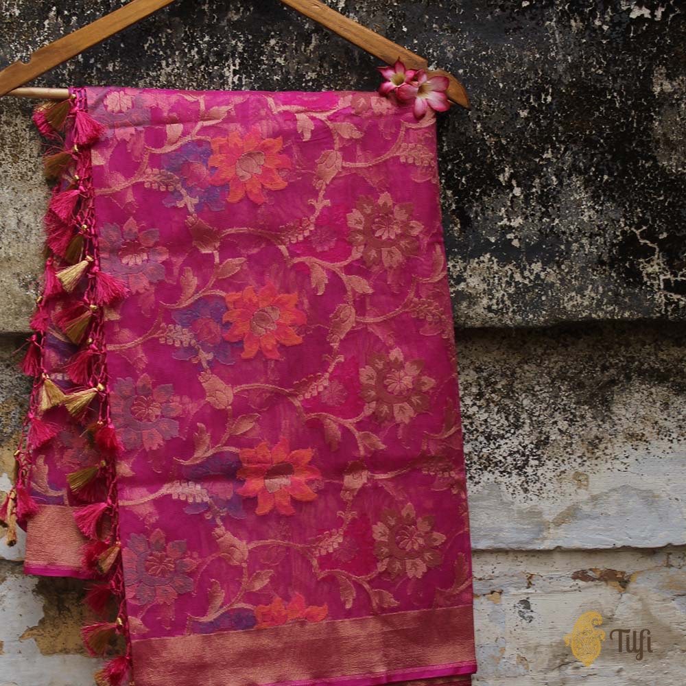 Pink Pure Kora Net Banarasi Handloom Dupatta