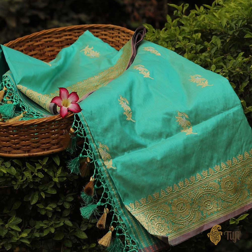 Turquoise Blue Pure Katan Silk Banarasi Handloom Dupatta