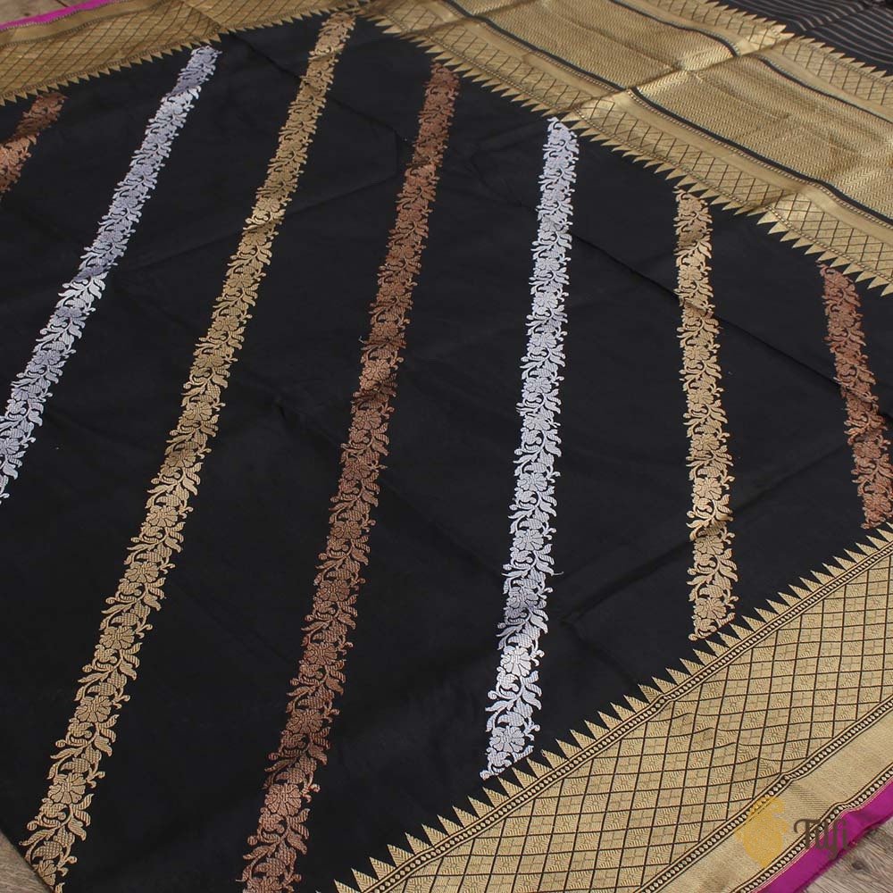 Black Pure Katan Silk Banarasi Handwoven Dupatta