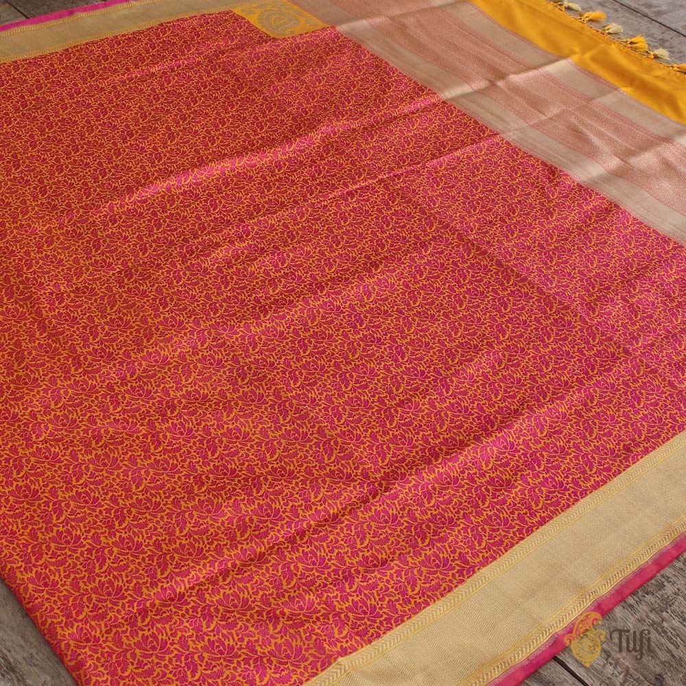 Yellow-Pink Pure Katan Silk Banarasi Handloom Dupatta