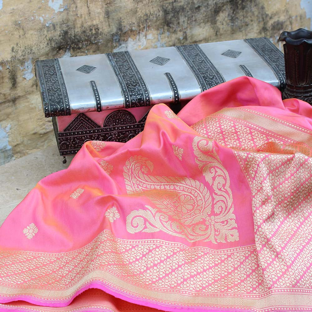 Gold-Rose Pink Pure Katan Silk Banarasi Handloom Dupatta