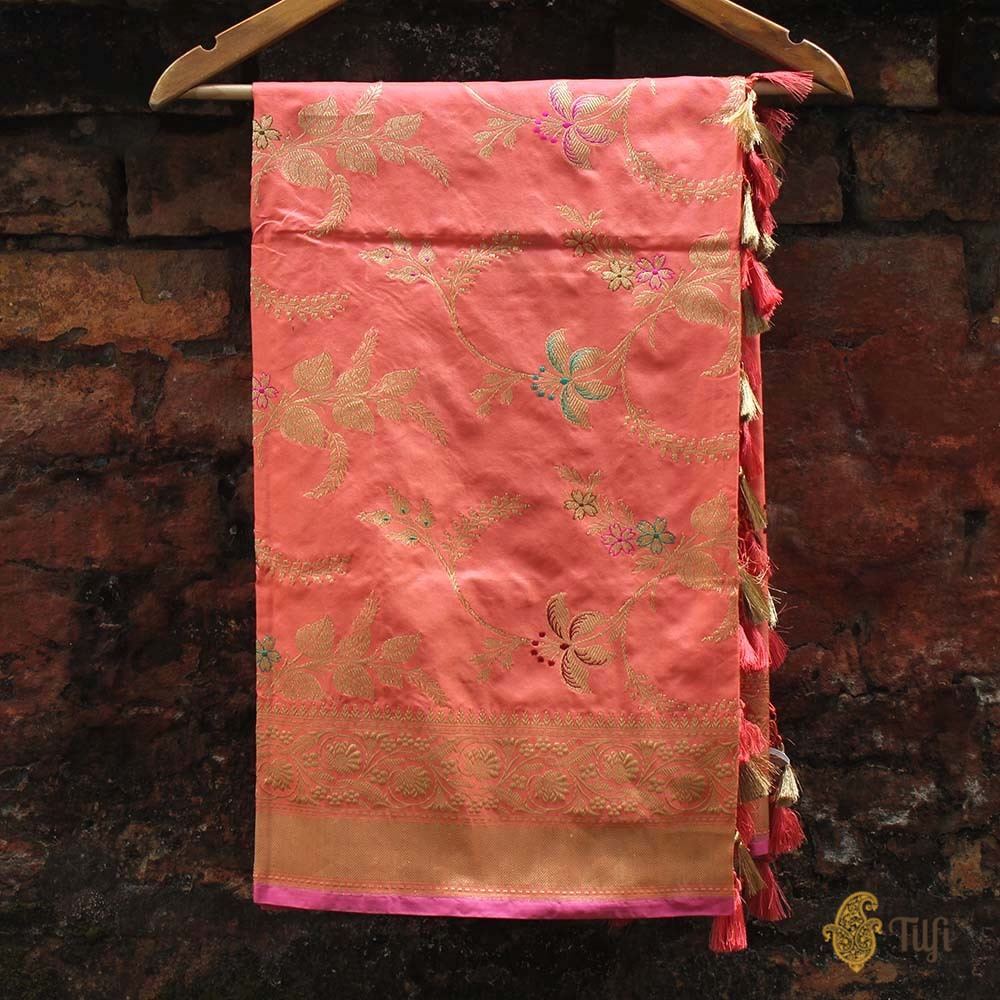 Peach-Light Pink Pure Katan Silk Banarasi Handloom Dupatta
