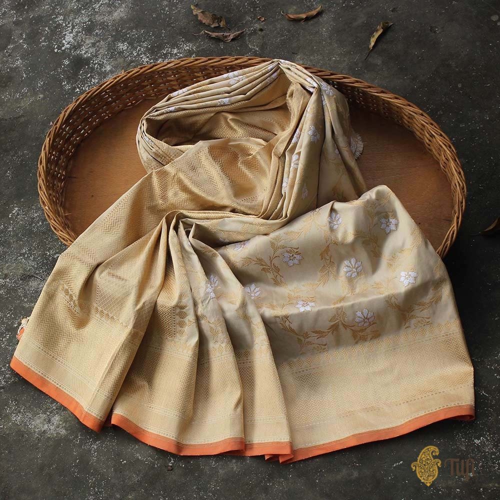 Cream Pure Katan Silk Banarasi Handloom Dupatta