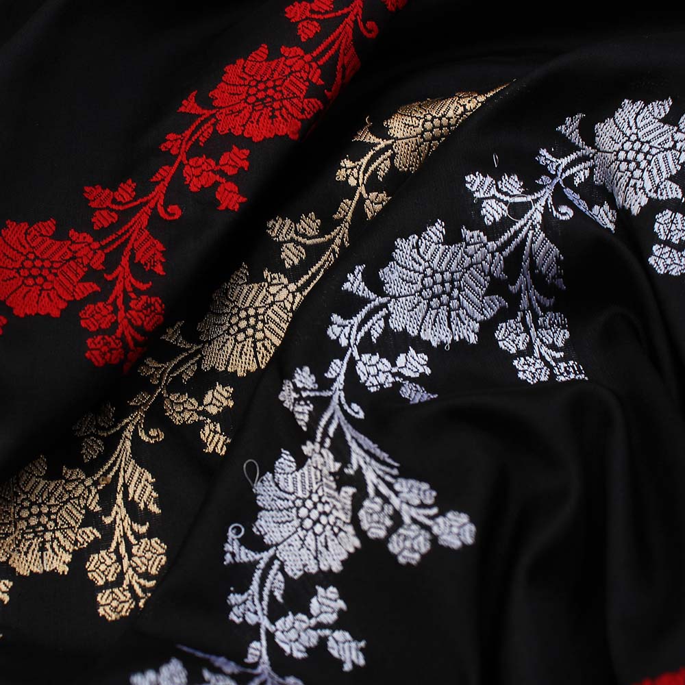 Black Pure Katan Silk Banarasi Handwoven Dupatta