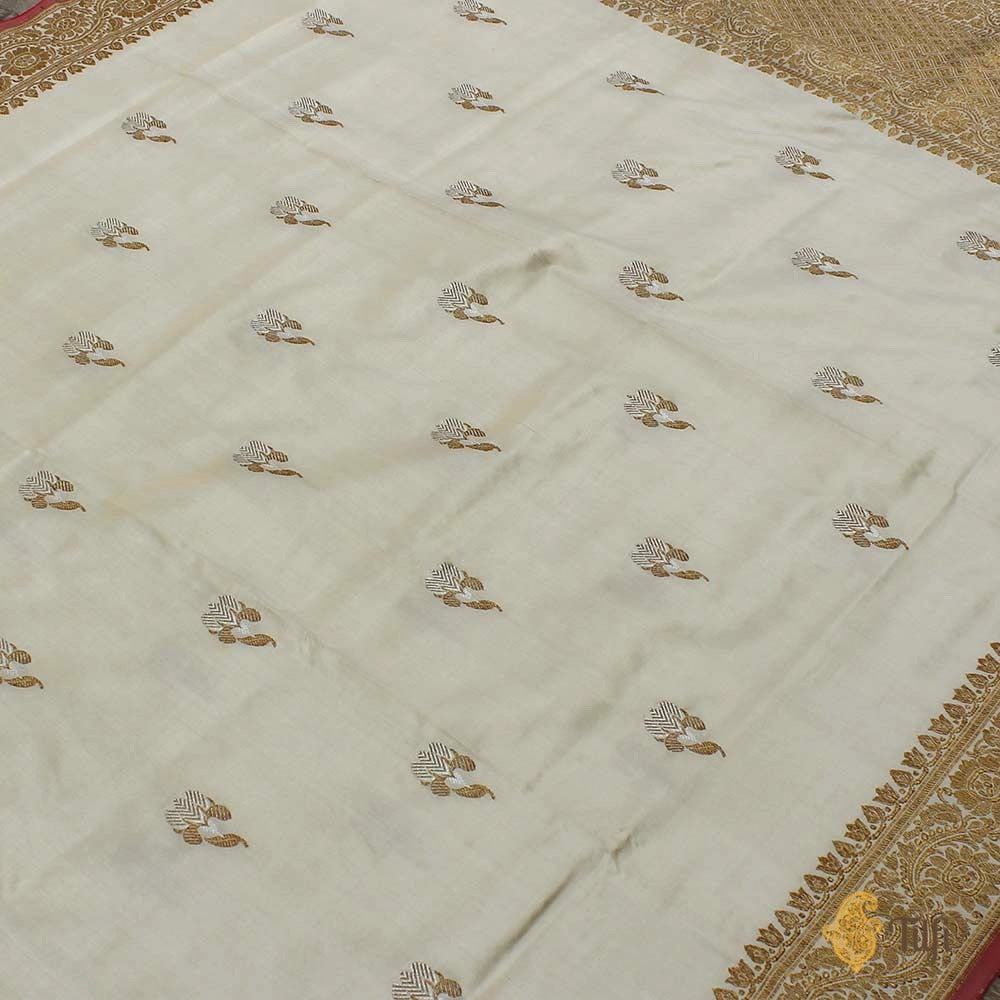 Off White Pure Katan Silk Banarasi Handloom Dupatta
