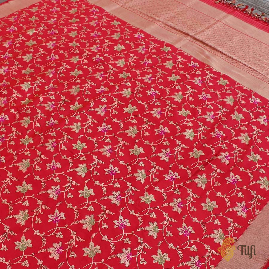 Red Pure Katan Silk Banarasi Handloom Kadwa Jangla Dupatta