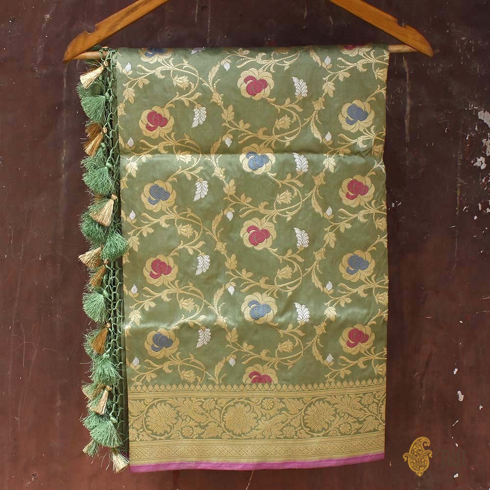 Sage Green Pure Katan Silk Banarasi Kadwa Handloom Dupatta