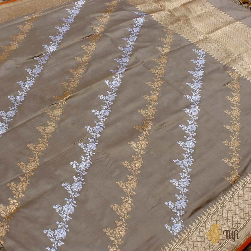 Grey Pure Katan Silk Banarasi Handwoven Dupatta
