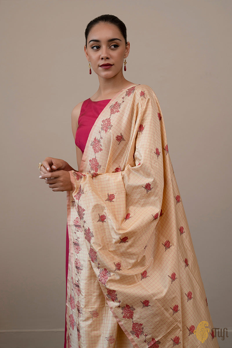 Beige-Pink Pure Katan Silk Banarasi Handloom Dupatta
