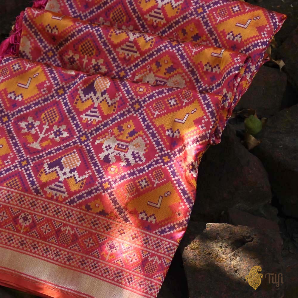Orange-Rani Pink Pure Katan Silk Banarasi Handloom Patola Dupatta