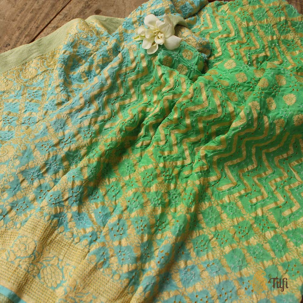 Green - Light Blue Pure Georgette Banarasi Handloom Bandhani Dupatta