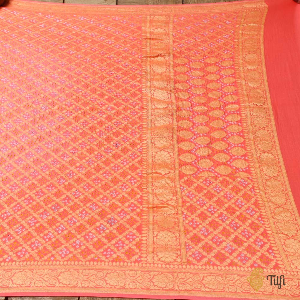 Light Pink-Light Coral Pink Pure Georgette Banarasi Handloom Bandhani Dupatta