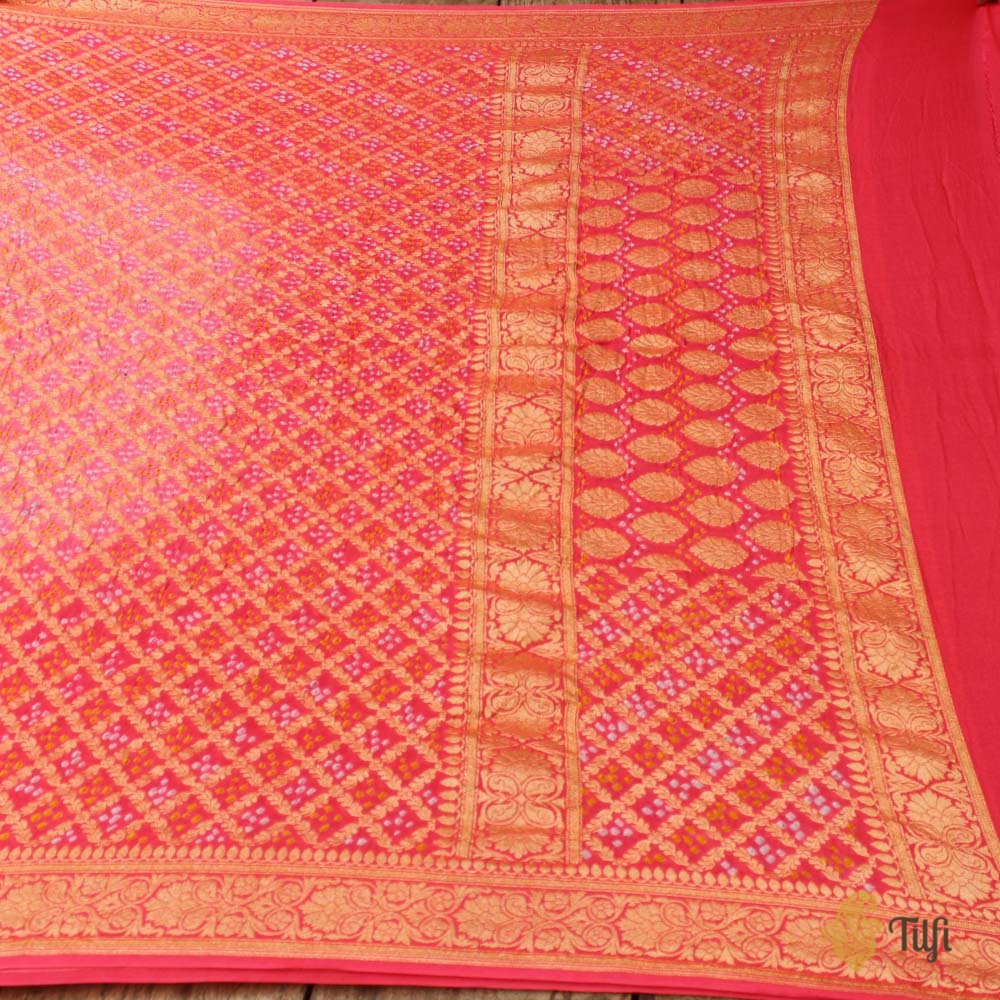 Light Pink-Coral Pink Pure Georgette Banarasi Handloom Bandhani Dupatta