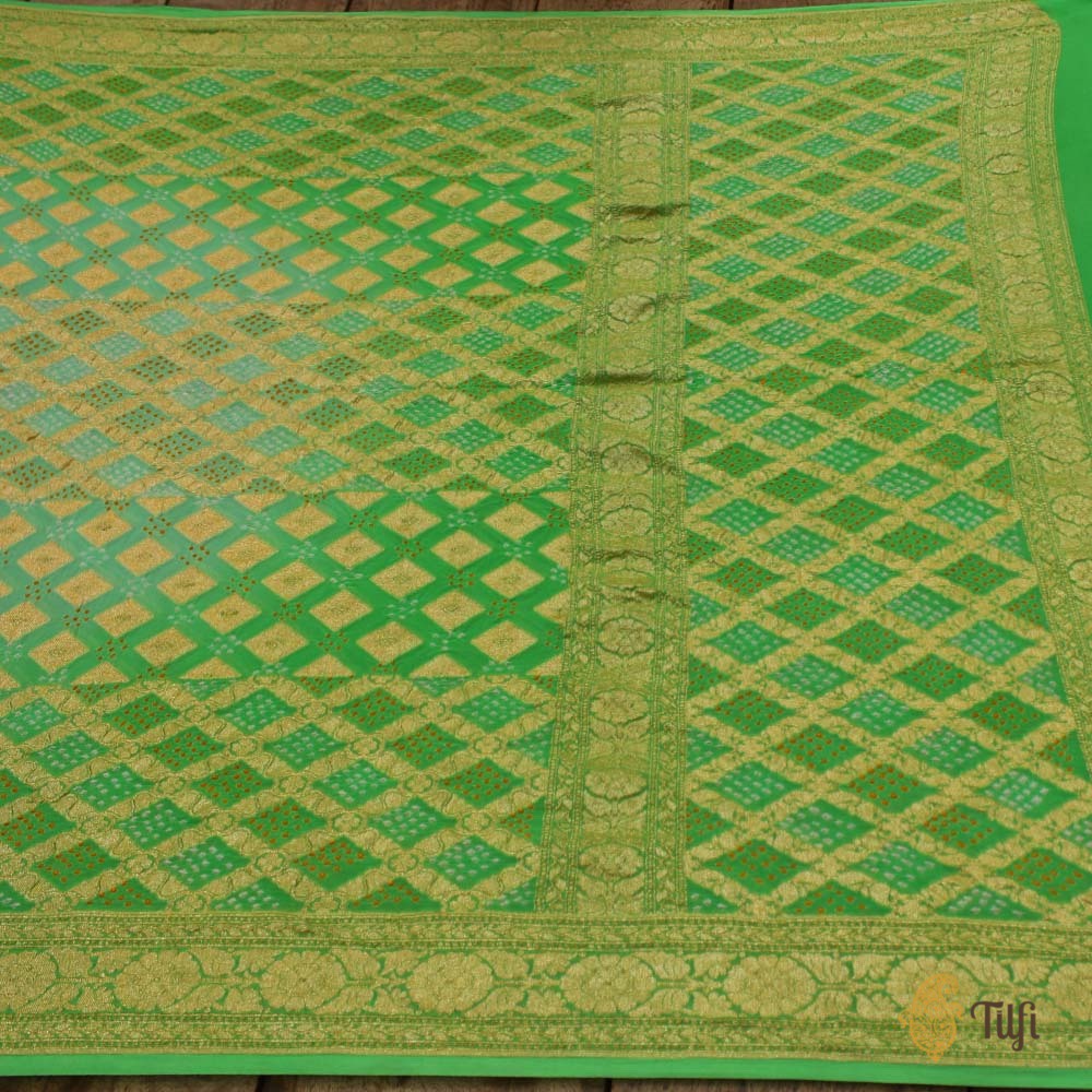 Light Blue - Green Pure Georgette Banarasi Handloom Bandhani Dupatta